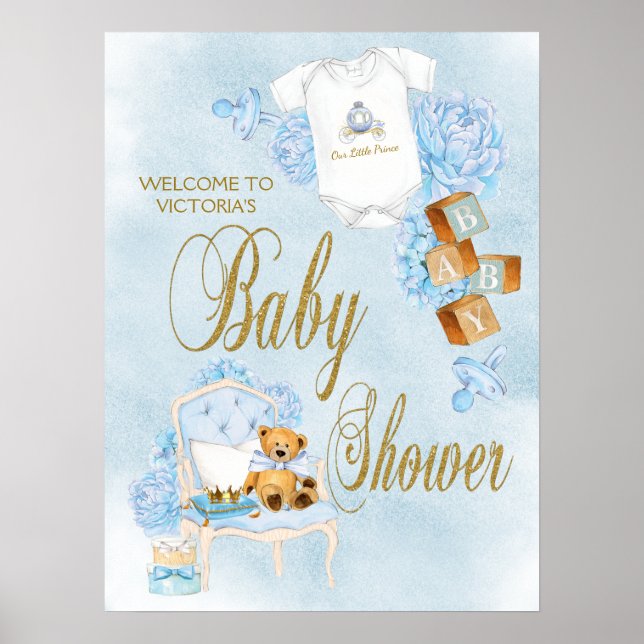 Affiche Panneau de Baby Shower Garçon Aquarelle Bleu Or (Devant)
