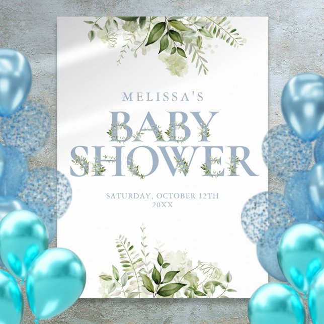 Affiche Panneau de Baby Shower Lettre de Verdure Bleu Pous (Dusty Blue Greenery Letter Baby Shower Sign)