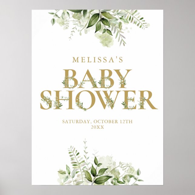 Affiche Panneau de Baby Shower Lettre de Verdure Dorée (Devant)