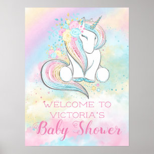Affiche Panneau de Baby Shower Licorne Arc-en-ciel Pastel