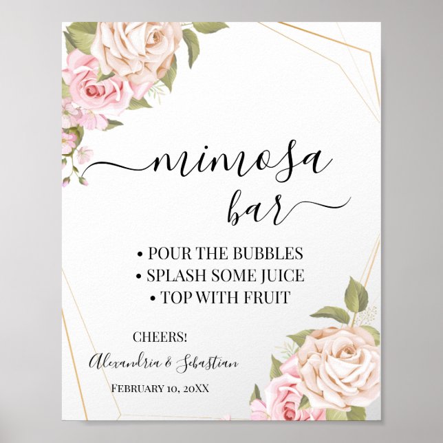 Affiche Panneau de Baby Shower Mariage Bar Mimosa Roses Ro (Devant)