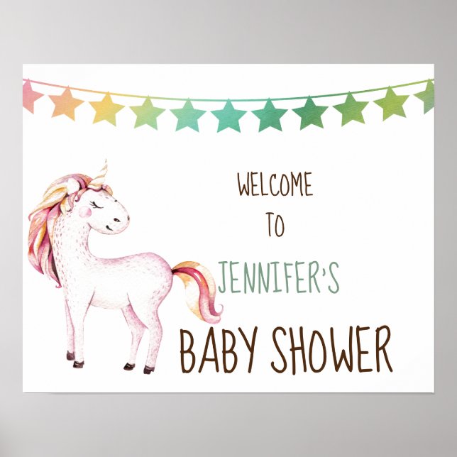 Affiche Panneau de Baby shower personnalisable Unicorne Wh (Devant)