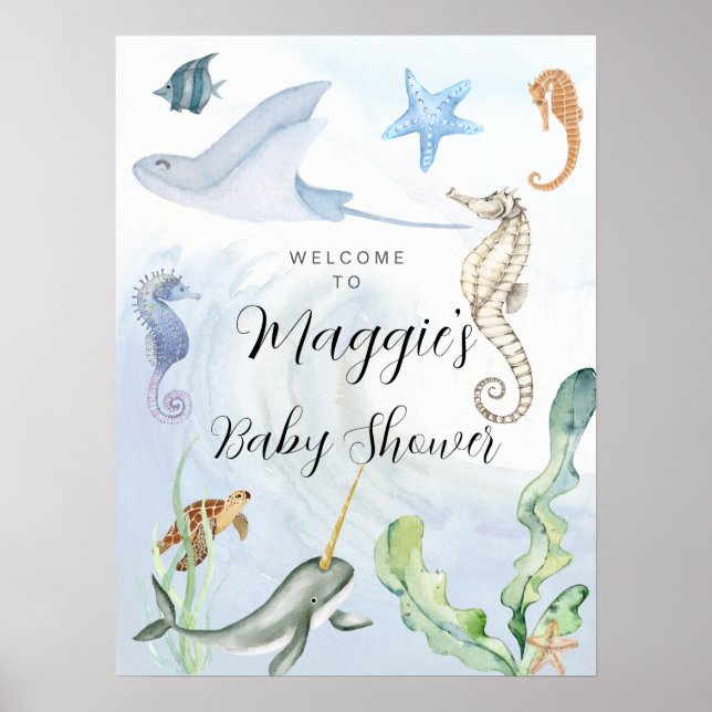 Affiche panneau de baby shower thème océan aquarelle (Devant)