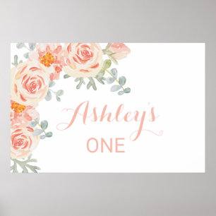 Affiche Panneau de bannière Floral Peach Pink Baby's 1st B