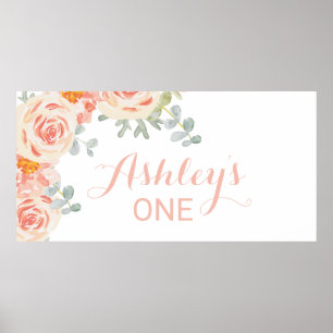 Affiche Panneau de bannière Floral Peach Pink Baby's 1st B