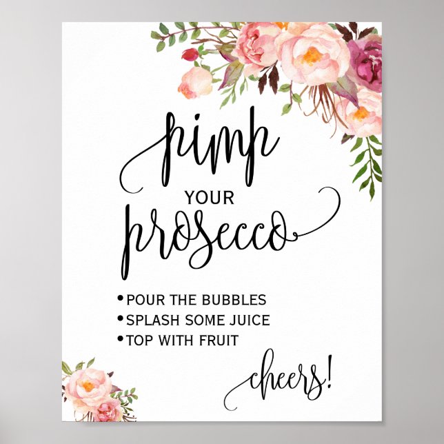 Affiche Panneau de bapteme de prosecco rose floral (Devant)