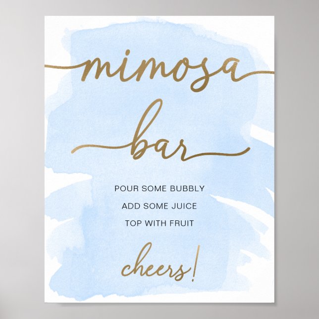 Affiche Panneau de bar à Mimosa en aquarelle bleue et or (Devant)