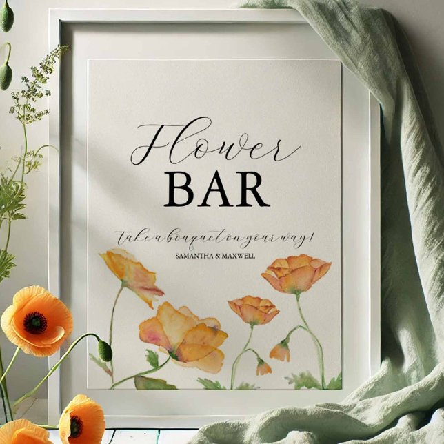 Affiche Panneau de bar de fleurs pour la douche de mariée  (Flower bar sign designed with hand painted art by Victoria Grigaliunas of Do Tell A Belle)