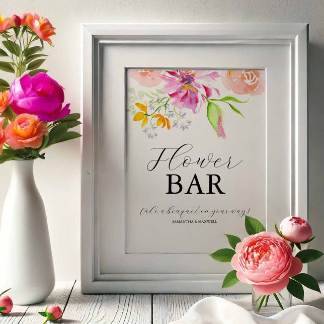 Affiche Panneau de bar de fleurs pour la fête de mariage L (Love is in bloom flower bar sign design with pink, orange and purple watercolor by Do Tell A Belle)
