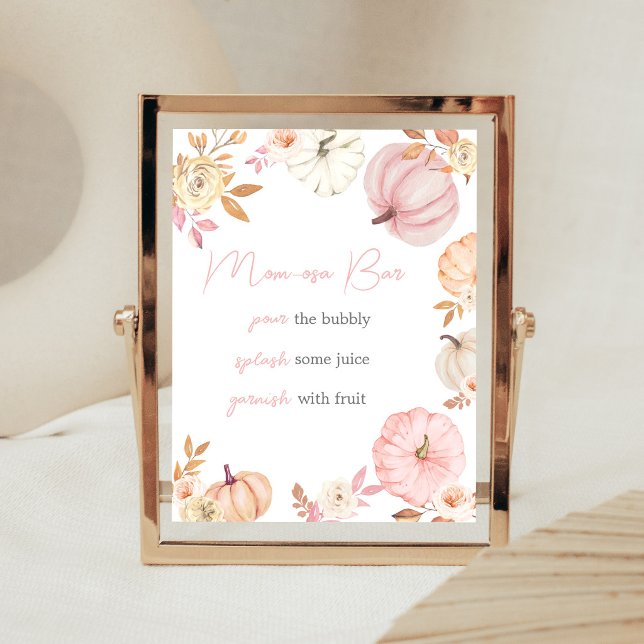 Affiche Panneau de bar de maman Osa de citrouille rose aut (Girl Little Pumpkin Fall Baby Shower Mom Osa Bar Sign)