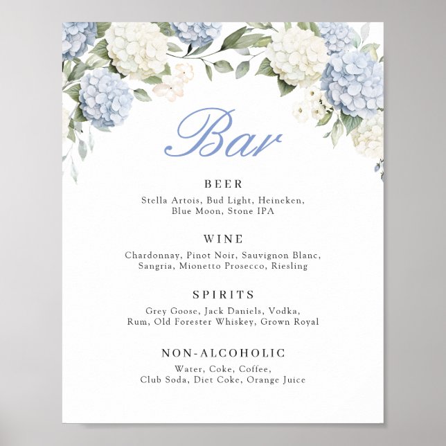 Affiche Panneau de bar de mariage avec verdure et hortensi (Devant)