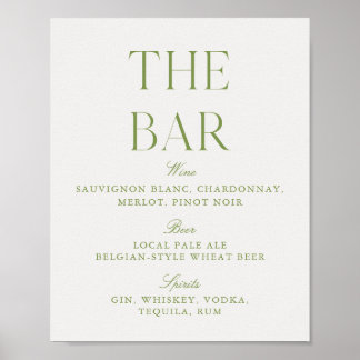 Affiche Panneau de bar de mariage élégant vert sauge et be