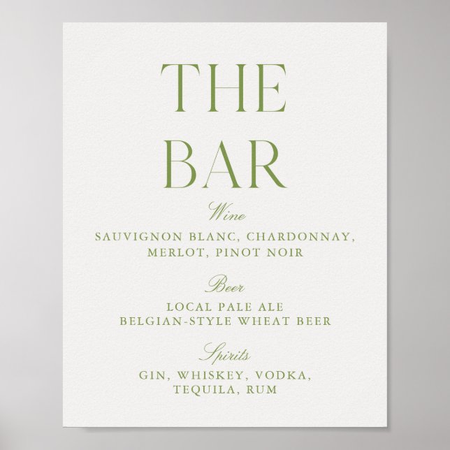Affiche Panneau de bar de mariage élégant vert sauge et be (Devant)