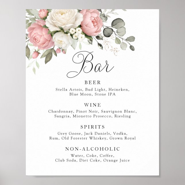 Affiche Panneau de bar de mariage floral rose verdure (Devant)