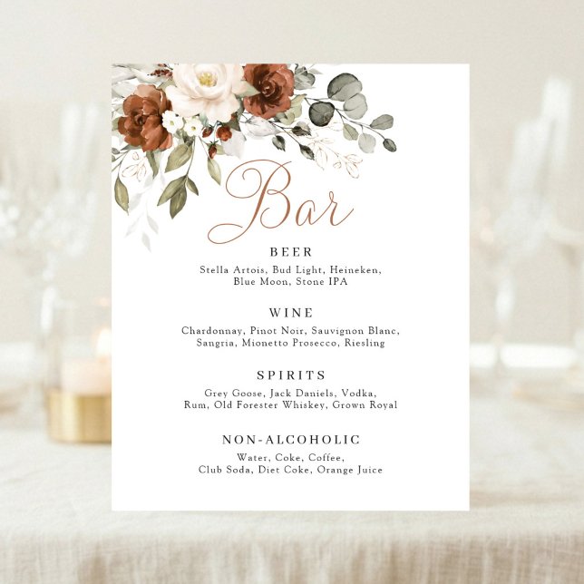Affiche Panneau de bar de mariage Floral Rust Ivoire Verdu (Créateur téléchargé)