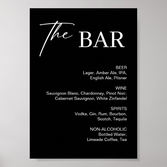 Affiche Panneau de bar de mariage noir chic (Devant)