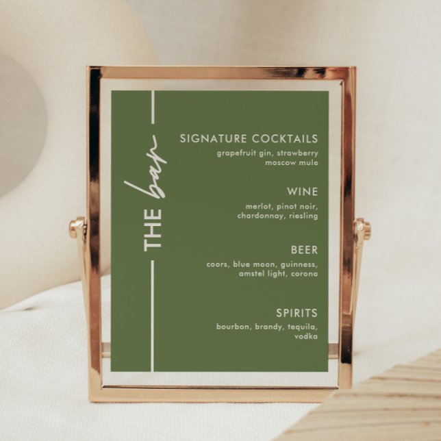 Affiche Panneau de bar de mariage vert olive moderne (Créateur téléchargé)