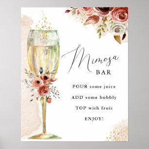 Affiche Panneau de bar Mimosa avec fleurs boho et verre à