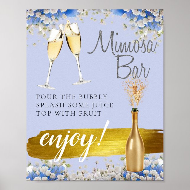 Affiche Panneau de bar Mimosa de mariage floral bleu or (Devant)