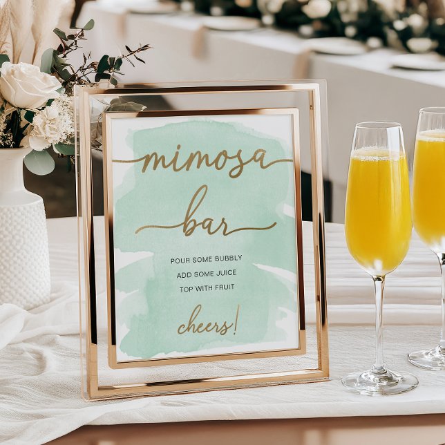 Affiche Panneau de bar Mimosa en or aquarelle vert menthe (Créateur téléchargé)