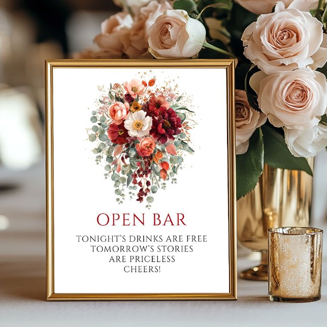 Affiche Panneau de bar ouvert aux fleurs de Bourgogne auto (Maroon Autumn Floral Open Bar Wedding Tabletop)