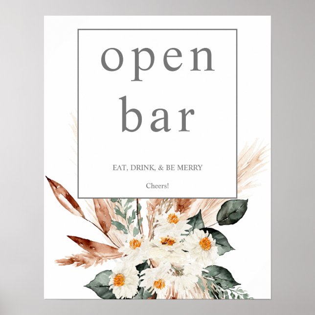 Affiche Panneau de bar ouvert Bohème Cuivre Pampas & Fleur (Devant)