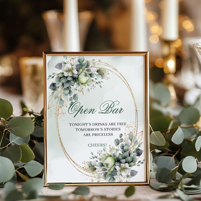 Affiche Panneau de bar ouvert Boho Botanique Dusty Green 8 (Boho Botanical Open Bar Sign Dusty Green 8x10)