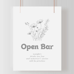 Affiche Panneau de bar ouvert de mariage à fleurs sauvages