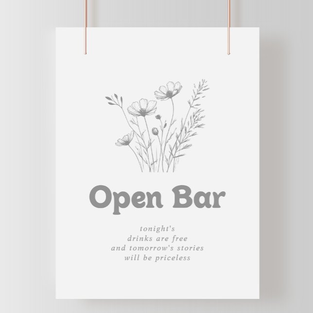 Affiche Panneau de bar ouvert de mariage à fleurs sauvages (Créateur téléchargé)