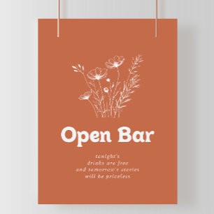 Affiche Panneau de bar ouvert de mariage aux fleurs sauvag