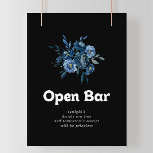 Affiche Panneau de bar ouvert de mariage floral bleu de la