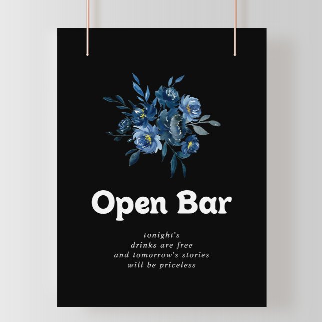Affiche Panneau de bar ouvert de mariage floral bleu de la (Créateur téléchargé)