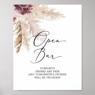 Affiche Panneau de bar ouvert en herbe de Pampas Boho
