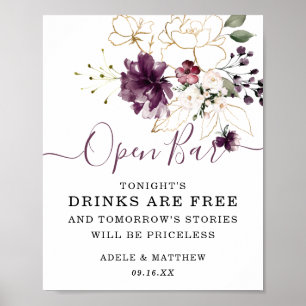 Affiche Panneau de bar ouvert en or floral vin élégant