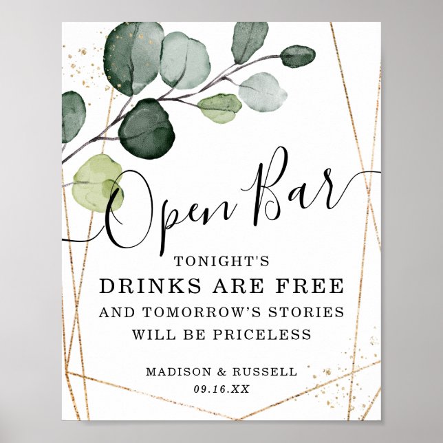 Affiche Panneau de bar ouvert eucalyptus cadre or géométri (Devant)