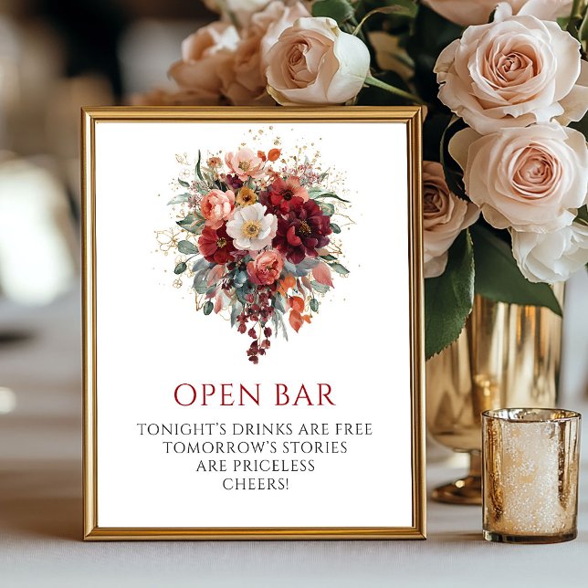 Affiche Panneau de bar ouvert Fleurs de marron d'automne f (Whimsical Autumn Maroon Flowers Open Bar Sign

)