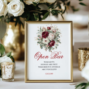 Affiche Panneau de bar ouvert floral bordeaux Blush vintag