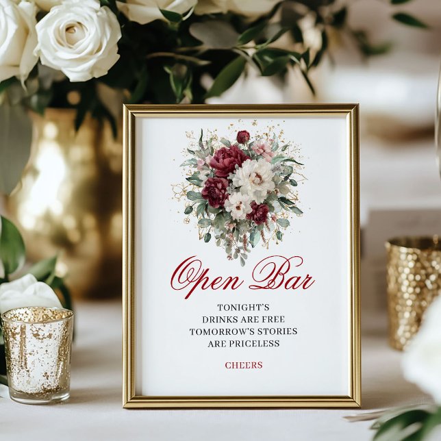 Affiche Panneau de bar ouvert Marsala Blush Burgundy 8x10 (Marsala Blush Burgundy Open Bar 8x10 Sign)