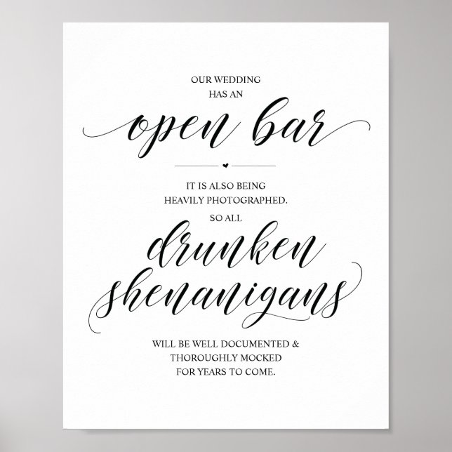 Affiche Panneau de bar ouvert pour mariage avec des bêtise (Devant)