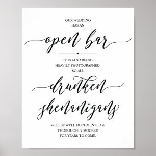 Affiche Panneau de bar ouvert pour mariage, frasques enivr