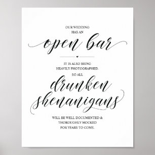 Affiche Panneau de bar ouvert pour mariage, frasques enivr