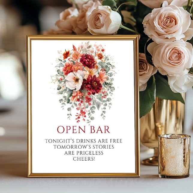 Affiche Panneau de bar ouvert Rich Marsala Autumn Floral 8 (Rich Marsala Autumn Floral Open Bar 8x10 Sign

)