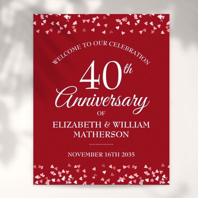 Affiche Panneau de bienvenue 40e anniversaire Ruby Love He (40th Anniversary Ruby Love Hearts Welcome Sign)
