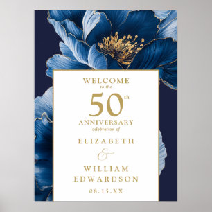 Affiche Panneau de bienvenue 50e anniversaire floral bleu 
