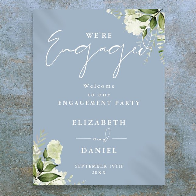 Affiche Panneau de bienvenue à la fête de fiançailles Flor (Floral Dusty Blue Engagement Party Welcome Sign)
