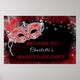 Affiche Panneau de bienvenue à une soirée masquée noir et 