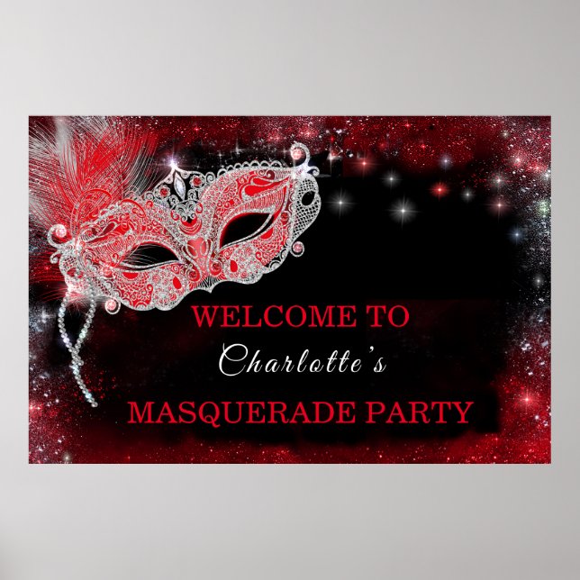 Affiche Panneau de bienvenue à une soirée masquée noir et  (Devant)