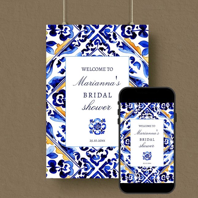 Affiche Panneau de bienvenue Amalfi Vietri en tuile bleue (Amalfi Vietri blue tile bridal shower editable template welcome sign  digital download Mediterranean)