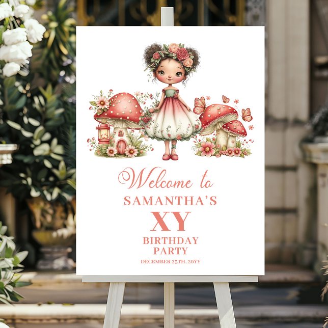 Affiche Panneau de Bienvenue Anniversaire Floral de Fée Ro (Dreamy Pink Fairy Floral Birthday Welcome Sign)