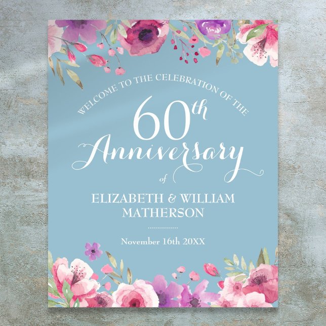 Affiche Panneau de bienvenue aquarelle Roses 60e anniversa (60th Anniversary Watercolor Roses Welcome Sign)